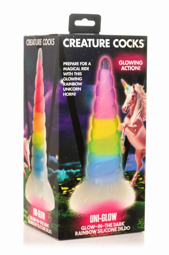 Фэнтезийный фаллоимитатор Creature Cocks Luminescent Rainbow Silicone Dildo, светится в темноте, 19,6 см фото 4