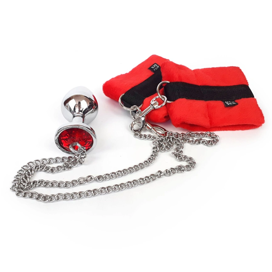Наручники с металлической анальной пробкой Art of Sex Handcuffs with Metal Anal Plug  size M Red фото 2