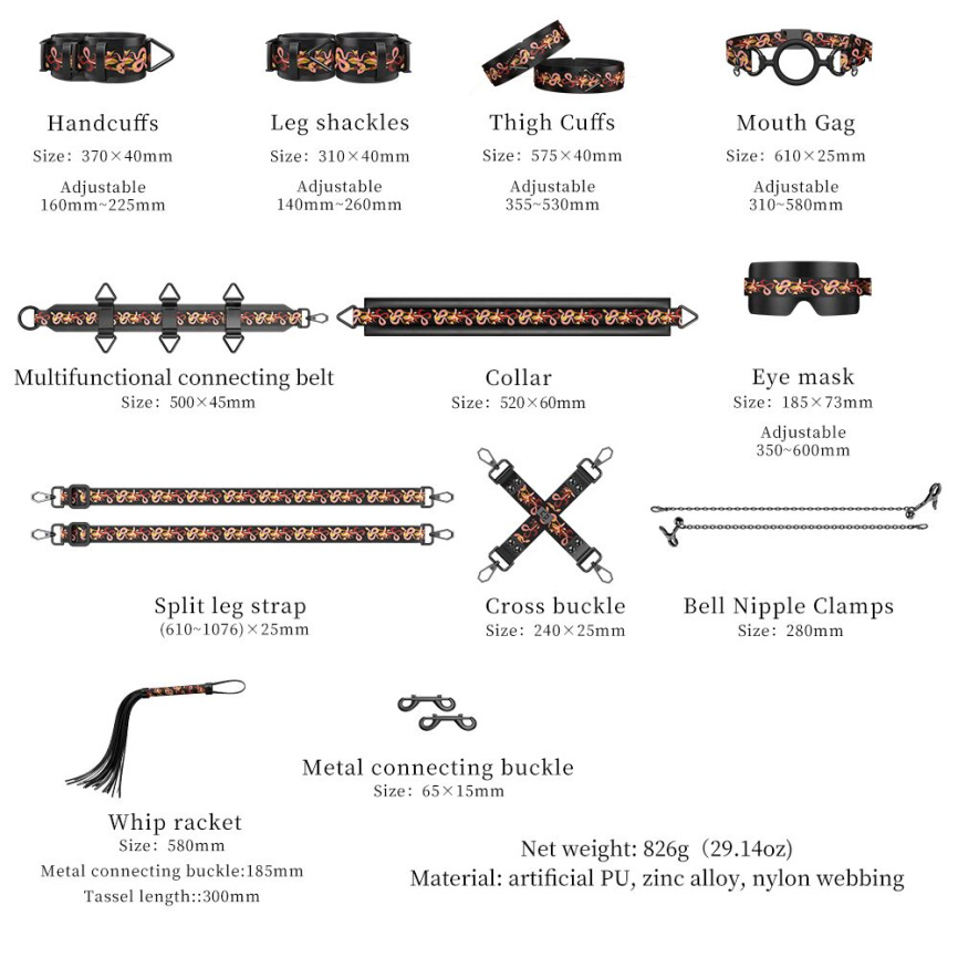 БДСМ-набір LOCKINK The Flowering Serpent Bondage Set, чорний, з малюнком у вигляді змій, 12 предметів фото 15