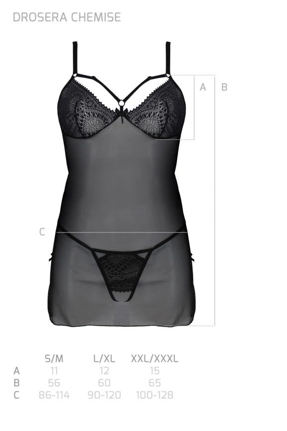 Пеньюар Passion DROSERA CHEMISE black, XXL/XXXL, кружевной лиф со стрепами, трусики в комплекте фото 5