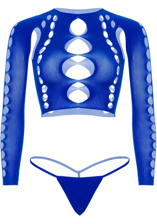 Комплект безшовної білизни Leg Avenue Long sleeve crop top & string Royal Blue One Size, топ, стрінги фото 3