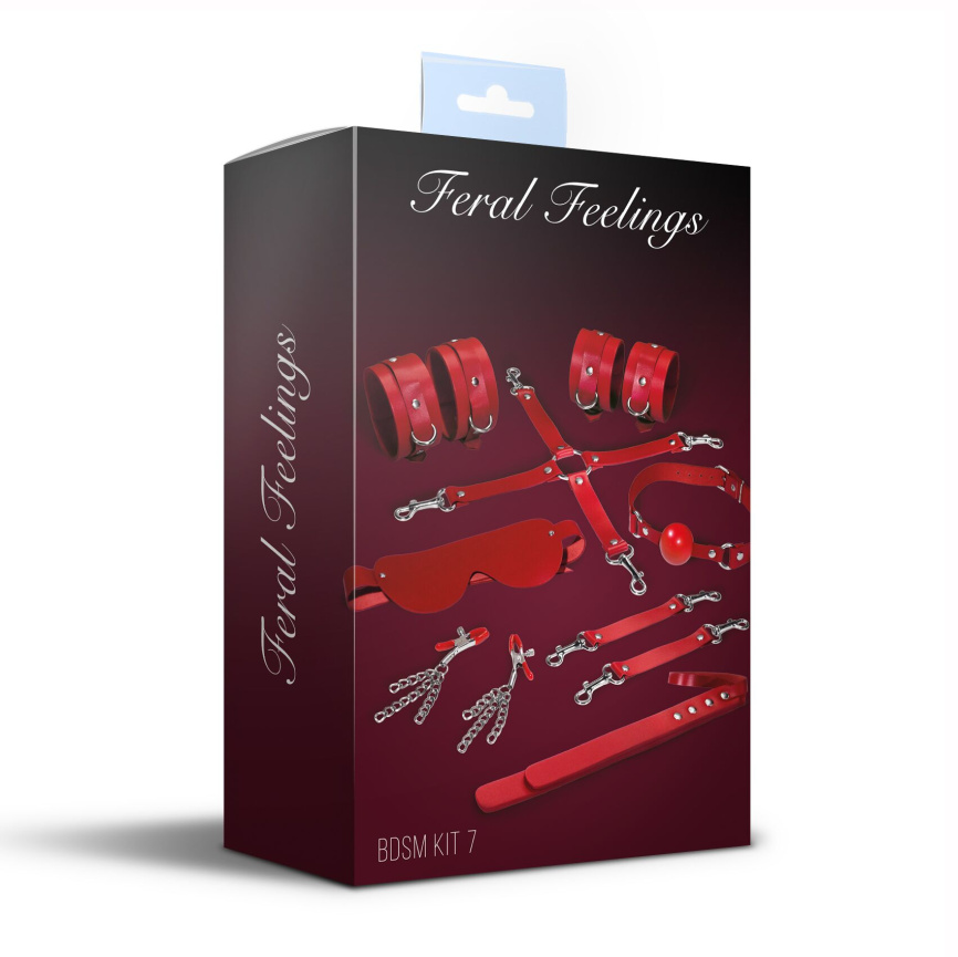 Набір Feral Feelings BDSM Kit 7 Red, наручники, поножі, конектор, маска, падл, кляп, затискачі фото 2