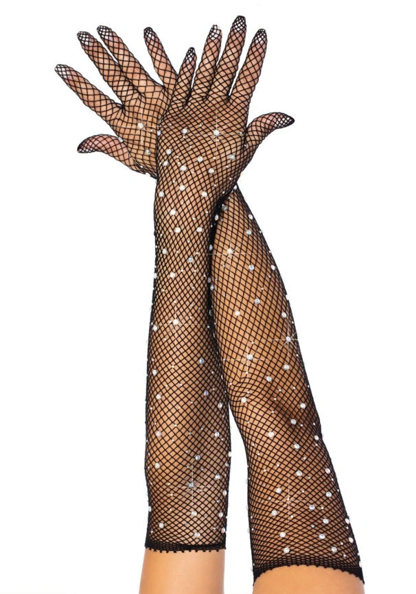 Длинные сетчатые перчатки Leg Avenue Rhinestone opera length gloves, с камнями, One Size фото 1