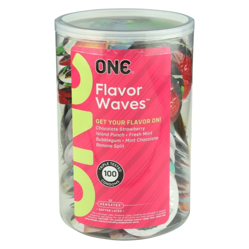 Набір ароматизованих презервативів ONE FlavorWaves, 100 шт, 6 ароматів, 6 кольорів, паковання-тубус фото 1