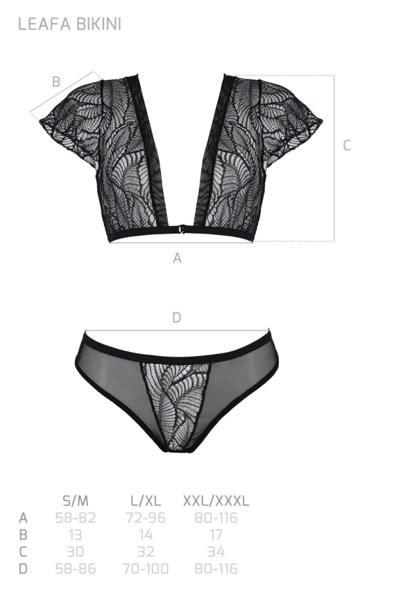 Комплект Passion LEAFA BIKINI black S/M, бюстгальтер-топ з рукавчиками, стрінги-шортики з вирізом фото 5