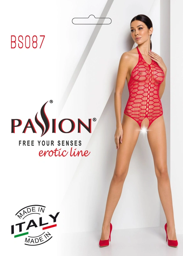 Бодистокинг в крупную сетку Passion BS087 red, открытая спина, халтер, с доступом фото 8