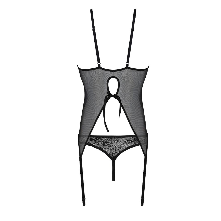 Корсет із пажами, трусики з ажурним декором та відкритим кроком Passion URSULA CORSET S/M, black фото 5