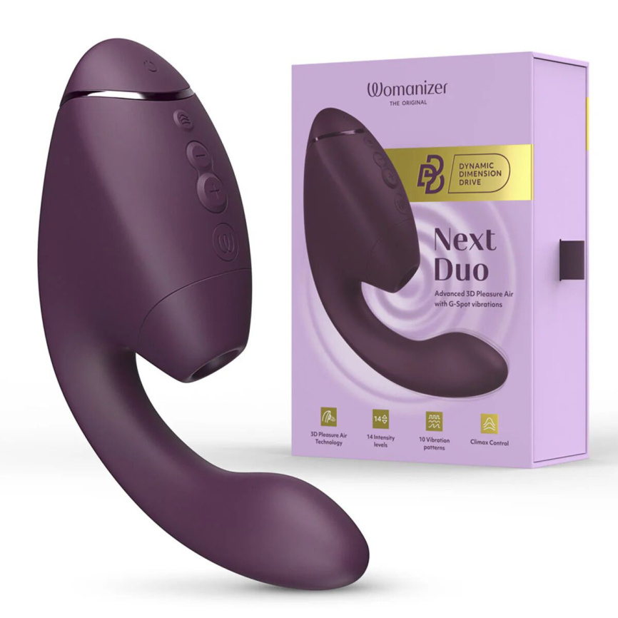 Подвійний вакуумний кліторальний стимулятор з вібрацією Womanizer Next Duo - Dark Purple фото 15