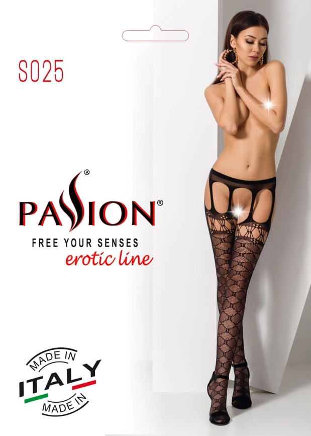 Эротические колготки-бодистокинги Passion S025 One Size, Black, имитация ажурных чулочков с пояском фото 6