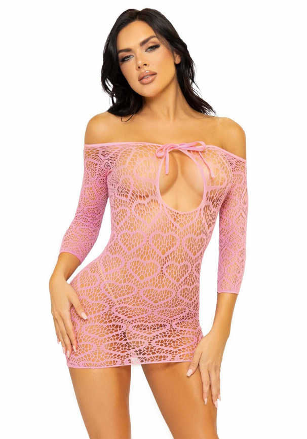 Сукня-сітка з сердечками Leg Avenue Heart net mini dress Pink, зав’язки, відкриті плечі, one size фото 1