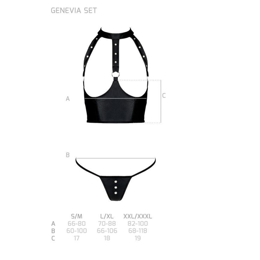 Комплект білизни з відкритими грудьми Passion GENEVIA SET WITH OPEN BRA XXL/XXXL black, корсет, стрі фото 12