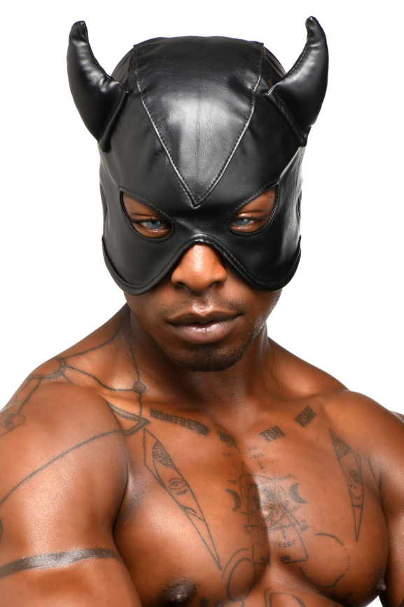 Маска з рогами Master Series: Dungeon Demon Bondage Mask with Horns, чорна фото 10