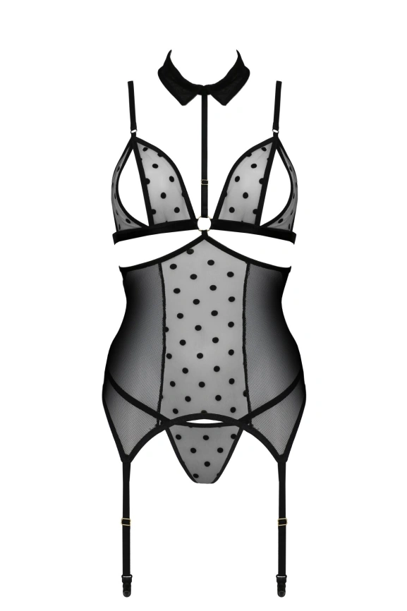 Корсет с открытой грудью Passion DOMINICA CORSET S/M black, пажи для чулок, стринги фото 3