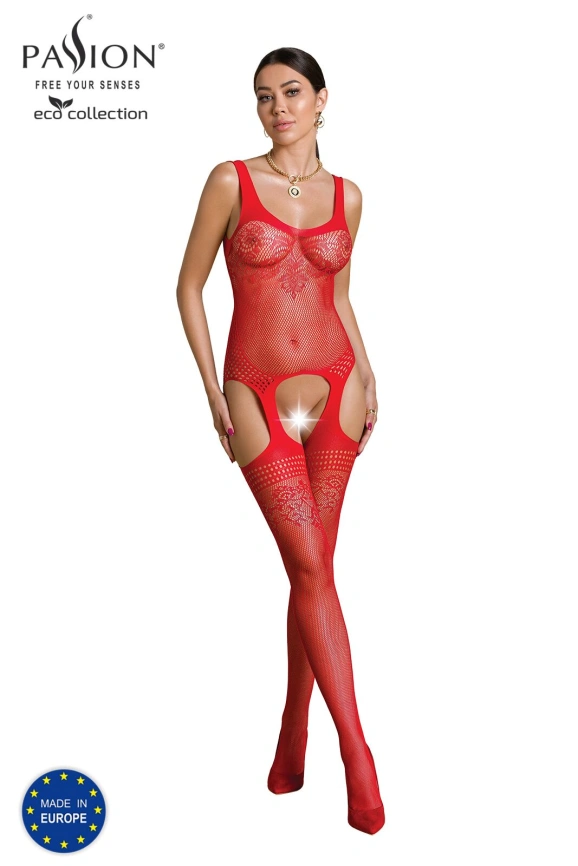 Бодистокинг Passion ECO BS008 red, с доступом, флористический декор, имитация подвязок фото 1