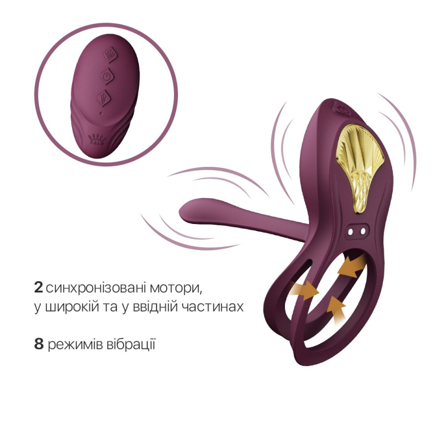 Смарт-ерекційне кільце Zalo - BAYEK Velvet Purple, подвійне з ввідною частиною, пульт ДК фото 4