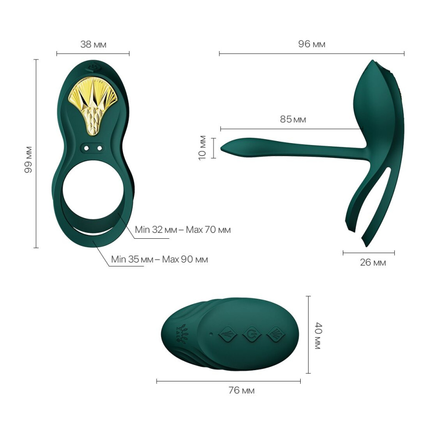 Смарт-ерекційне кільце Zalo -  BAYEK Turquoise Green, подвійне з ввідною частиною, пульт ДК фото 3