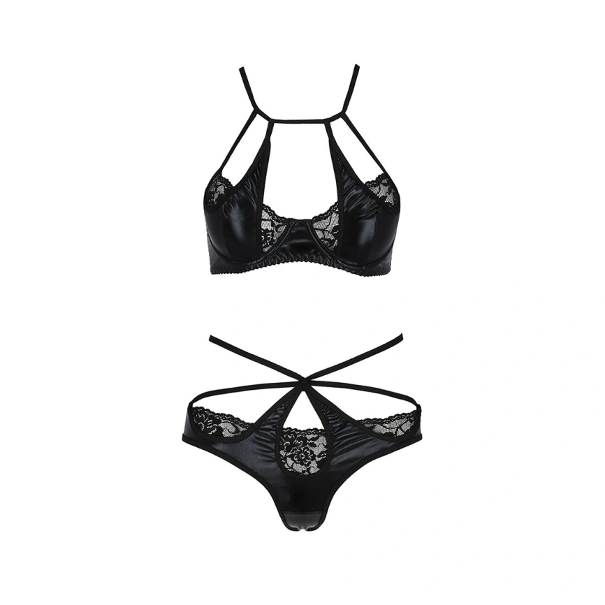 Комплект белья Passion Exclusive NAVEL SET S/M, black, трусики и лиф с элементами под латекс фото 7