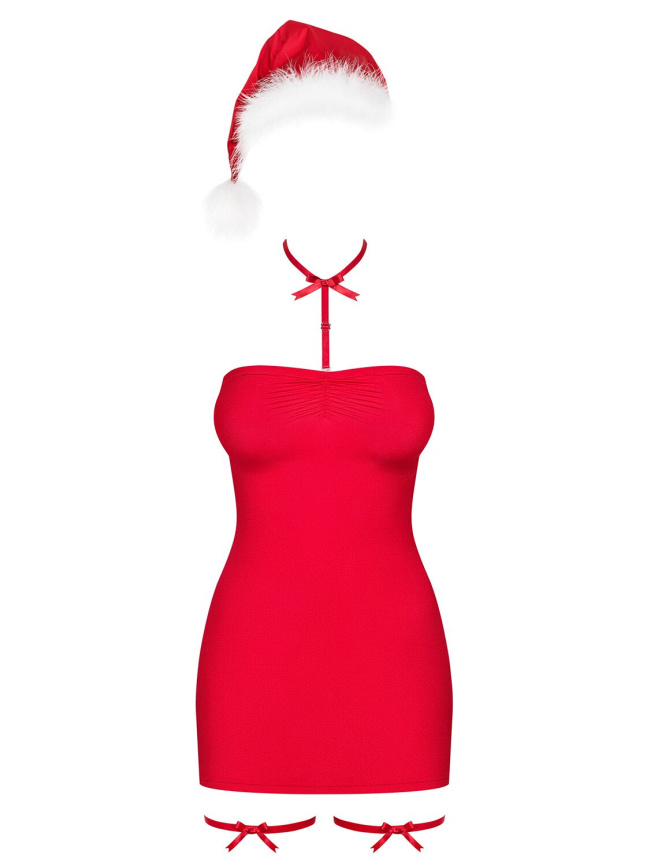 Сорочка Obsessive Kissmas chemise, L/XL, червона, чокер, гартери та шапочка з помпоном у комплекті фото 3