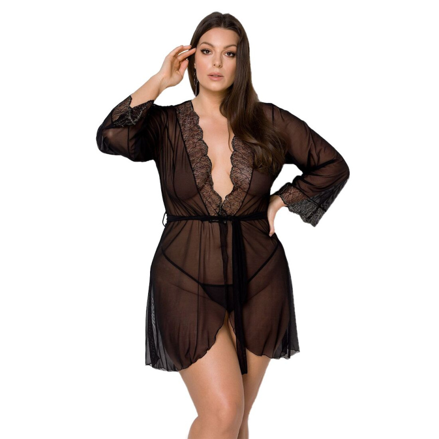 Пеньюар Passion AMBERLY PEIGNOIR 6XL/7XL, black, ажурні декольте та манжети, широкі рукави фото 5