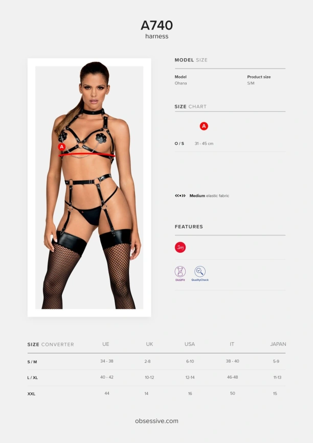 Портупея на грудь Obsessive A740 harness black O/S, искусственная кожа фото 5