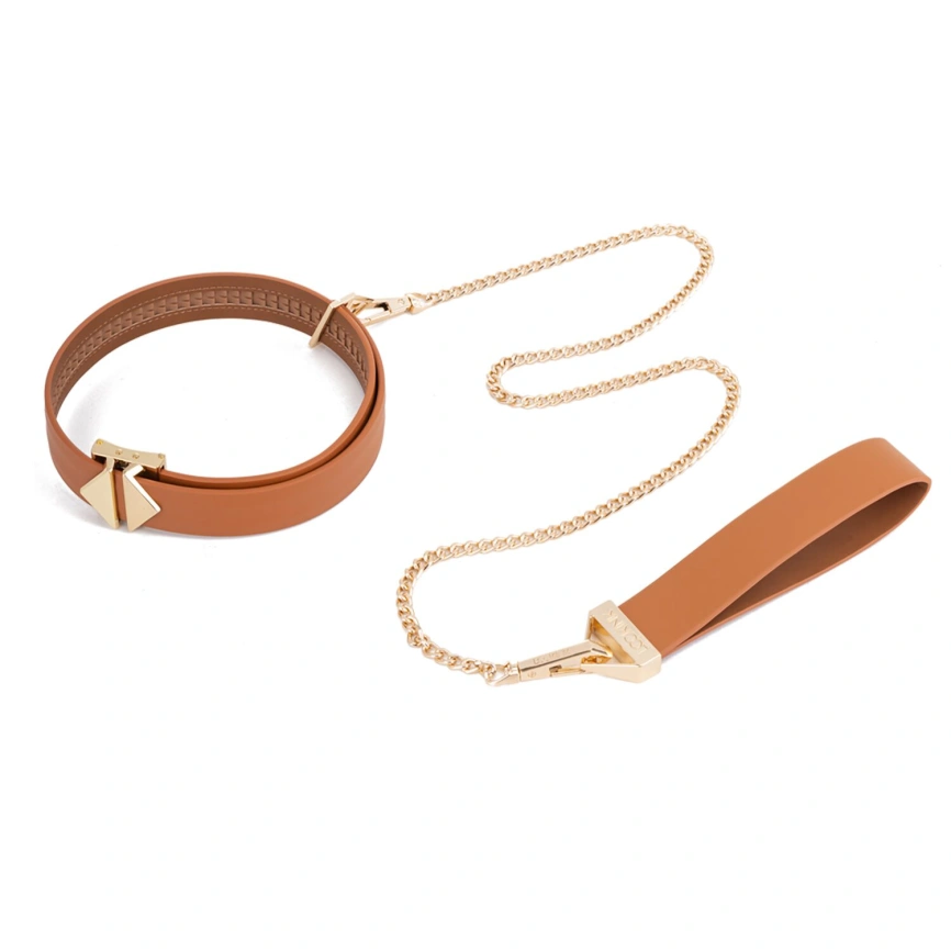 Ошейник с поводком LOCKINK Tied Collar with Leash Set, коричневый, цепь с кожаной петлей и карабином фото 1