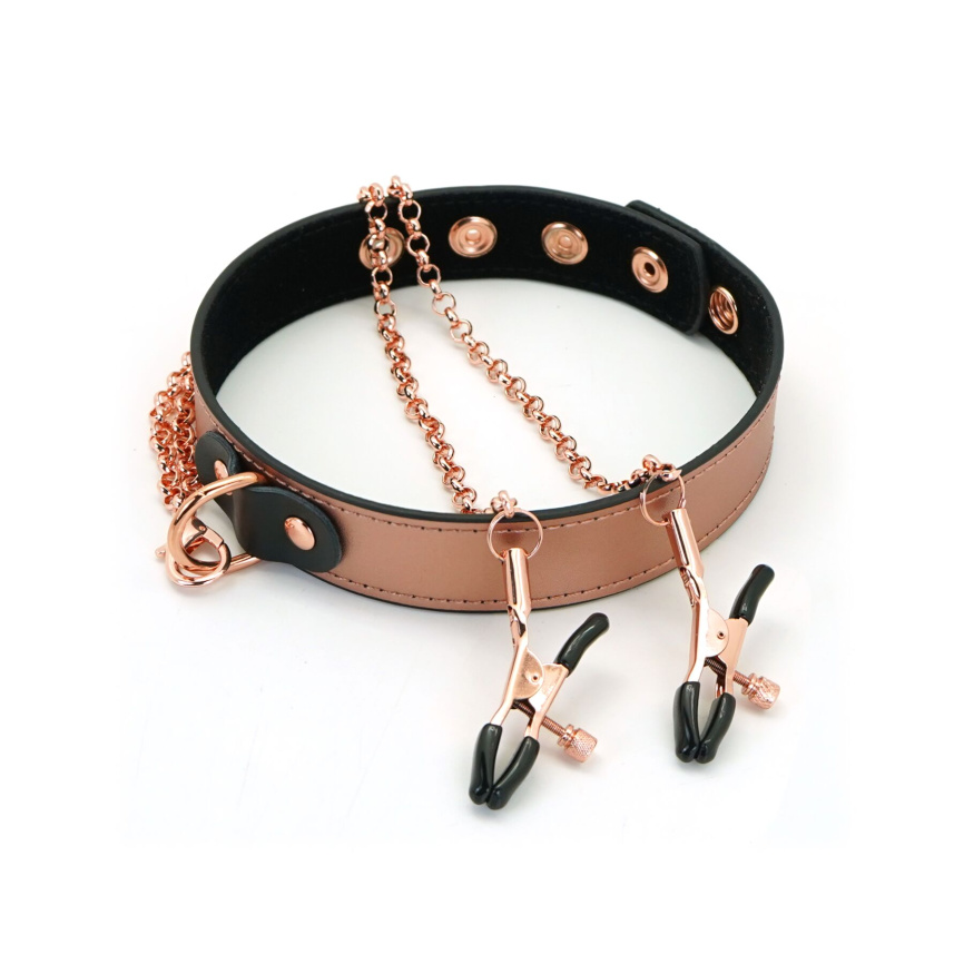 Нашийник із затискачами для сосків Liebe Seele Rose Gold Memory Collar with Nipple Clamps, шкіра фото 1