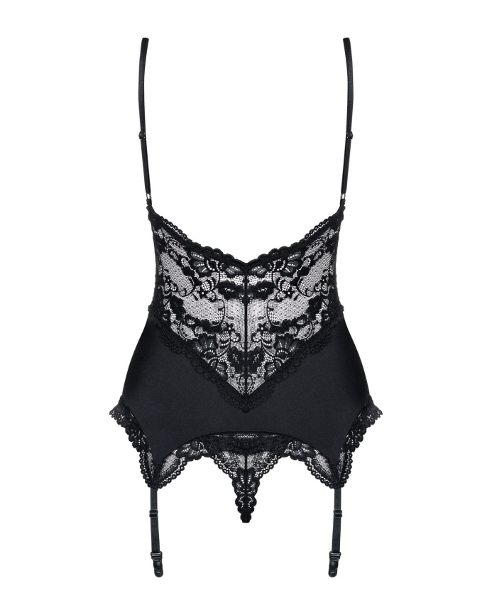 Сатиновий мереживний корсет Obsessive 810-COR-1 babydoll & thong S/M, чорний, корсет, танга фото 6