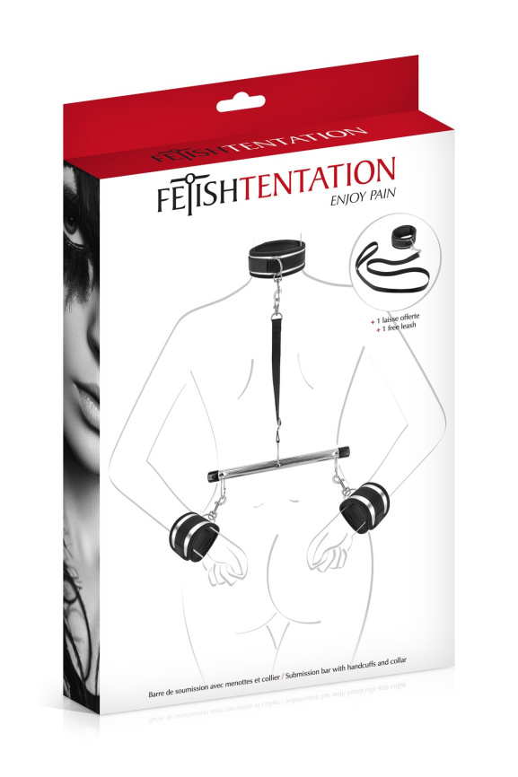 Фіксатор для рук і шиї з повідцем Fetish Tentation Submission bar with handcuffs and collar фото 3