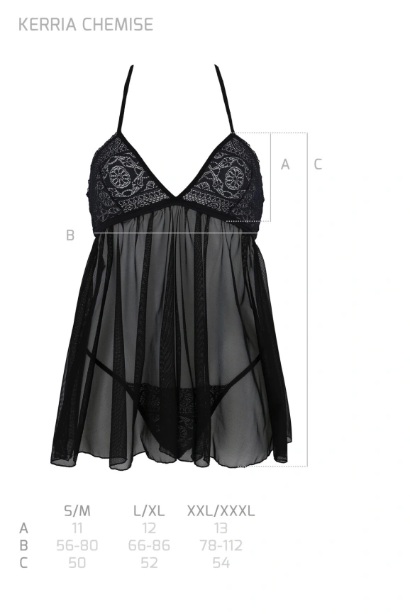 Пеньюар Passion KERRIA CHEMISE black, XXL/XXXL, кружевной верх, трусики в комплекте фото 5