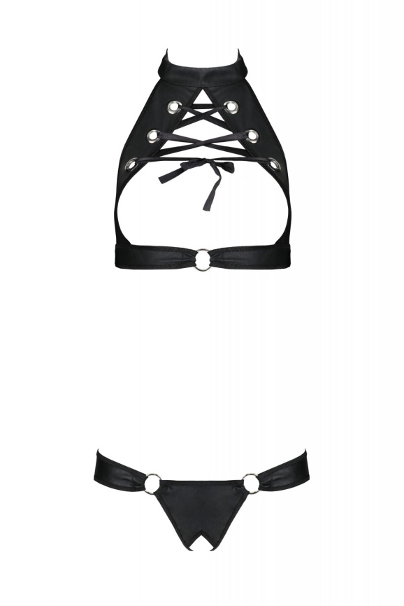 Комплект із екошкіри Passion MALWIA SET with Open Bra 4XL/5XL black, топ та трусики з люверсами фото 3