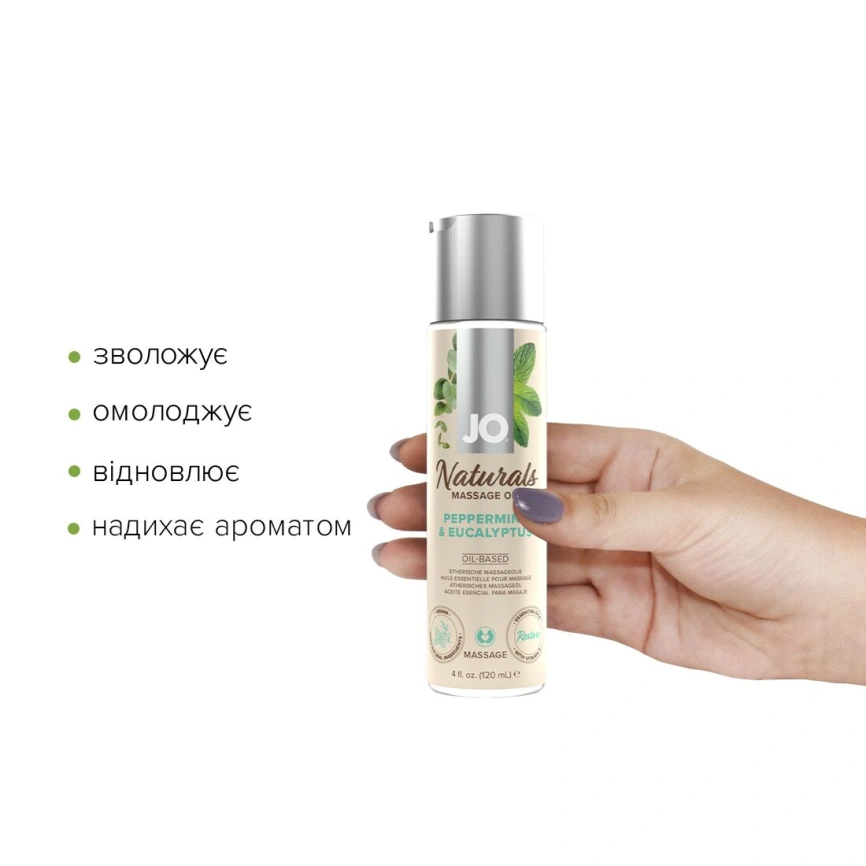 Массажное масло JO Naturals Massage Oil Peppermint & Eucalyptus с эфирными маслами (120 мл) фото 2