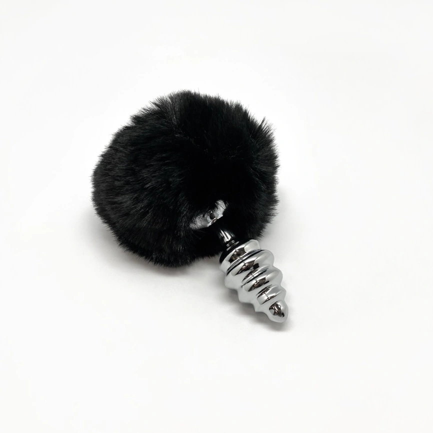 Металлическая анальная пробка Кроличий хвостик Alive Fluffy Twist Plug S Black, диаметр 2,9 см фото 2
