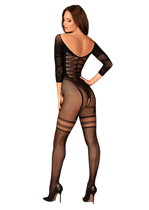 Сітчастий бодістокінг з імітацією підв’язок Obsessive Bodystocking G329 S/M/L, black, з доступом фото 6