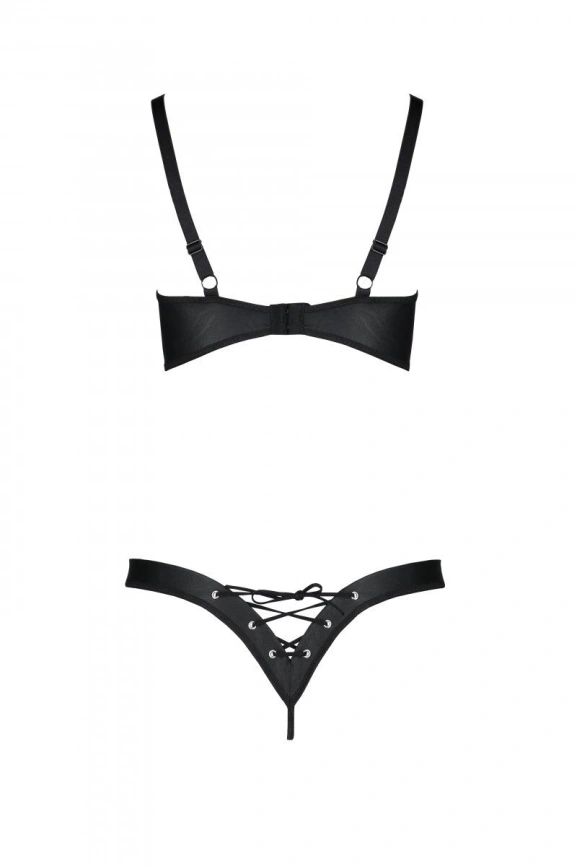 Комплект из экокожи Passion CELINE BIKINI S/M, black, открытый бра с лентами, стринги со шнуровкой фото 6