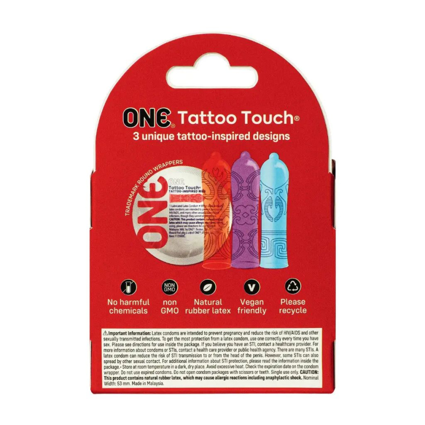 Презервативи ONE Tattoo Touch 3 шт, картонна коробка фото 2