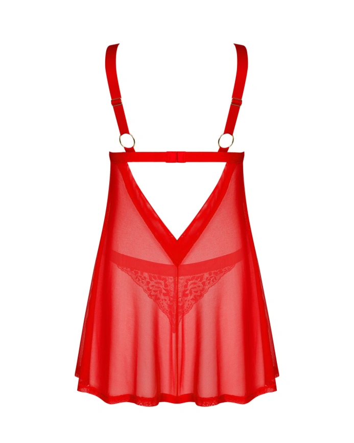 Бэби-долл Obsessive Elianes babydoll & thong, XL/2XL, красный, кружевной лиф, трусики-танга в наборе фото 4