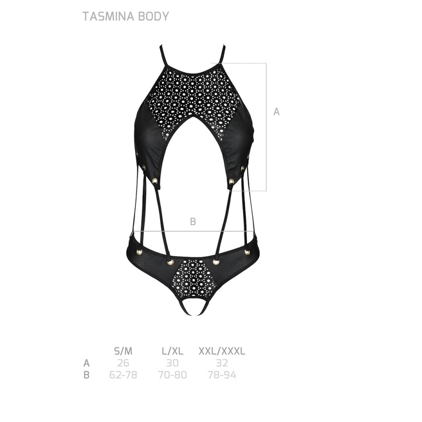 Боді з відкритим доступом Passion TASMINA BODY XXL/XXXL, black, екошкіра, шнурівки, ажурні мережива фото 12