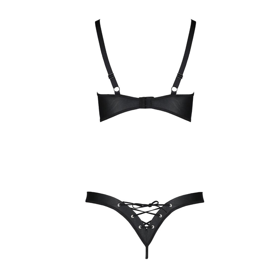 Комплект Passion CELINE BIKINI 2XL/3XL black відкритий бра з стрічками стрінги з шнурівкою, екошкіра фото 4