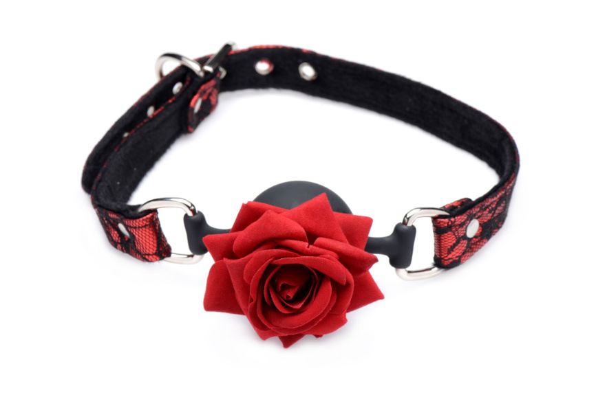 Кляп з трояндою Master Series: Eye-Catching Ball Gag With Rose, чорно-червоний фото 1