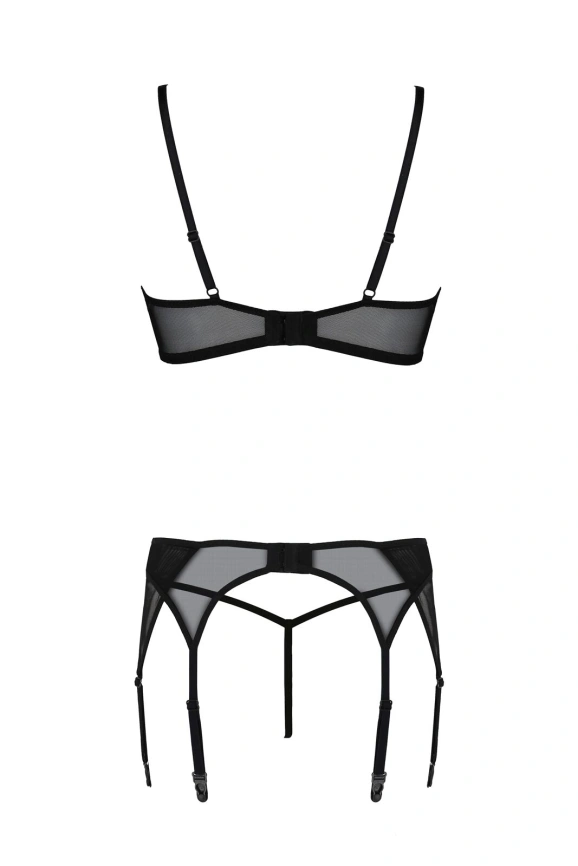 Комплект Passion LEAFA SET black, XXL/XXXL, кружево+сетка, бюстгальтер на косточках, стринги, пояс для чулок фото 4