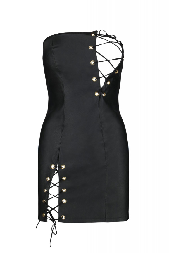 Мінісукня з екошкіри Passion CELINE CHEMISE 4XL/5XL, black, шнурівка, трусики в комплекті фото 3