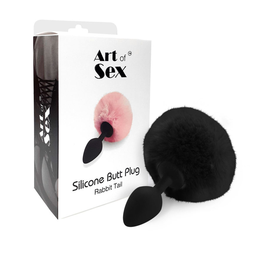 Силіконова анальна пробка М Art of Sex - Silicone Butt plug Rabbit Tail Black, діаметр 3,5 см фото 3