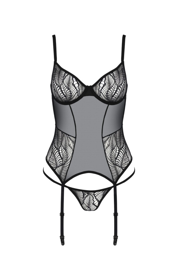 Корсет Passion LEAFA CORSET black, XXL/XXXL, м'які чашки, затискачі для панчіх, стрінги в комплекті фото 3