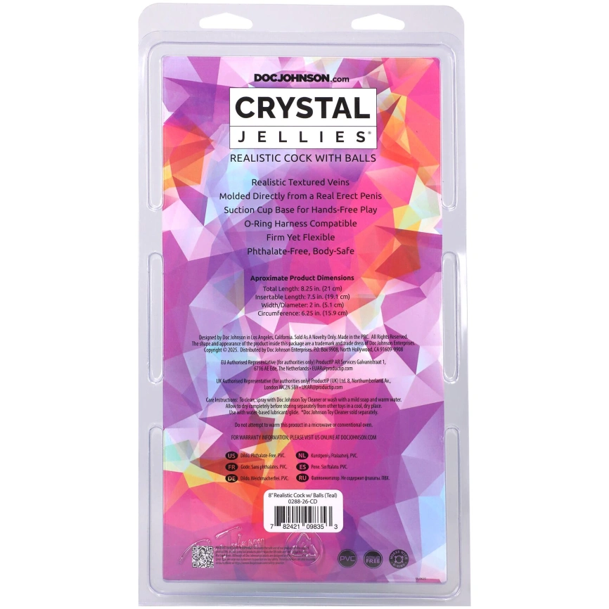 Фаллоимитатор Doc Johnson Crystal Jellies - 8 Inch Realistic Cock with Balls- Teal фото 5