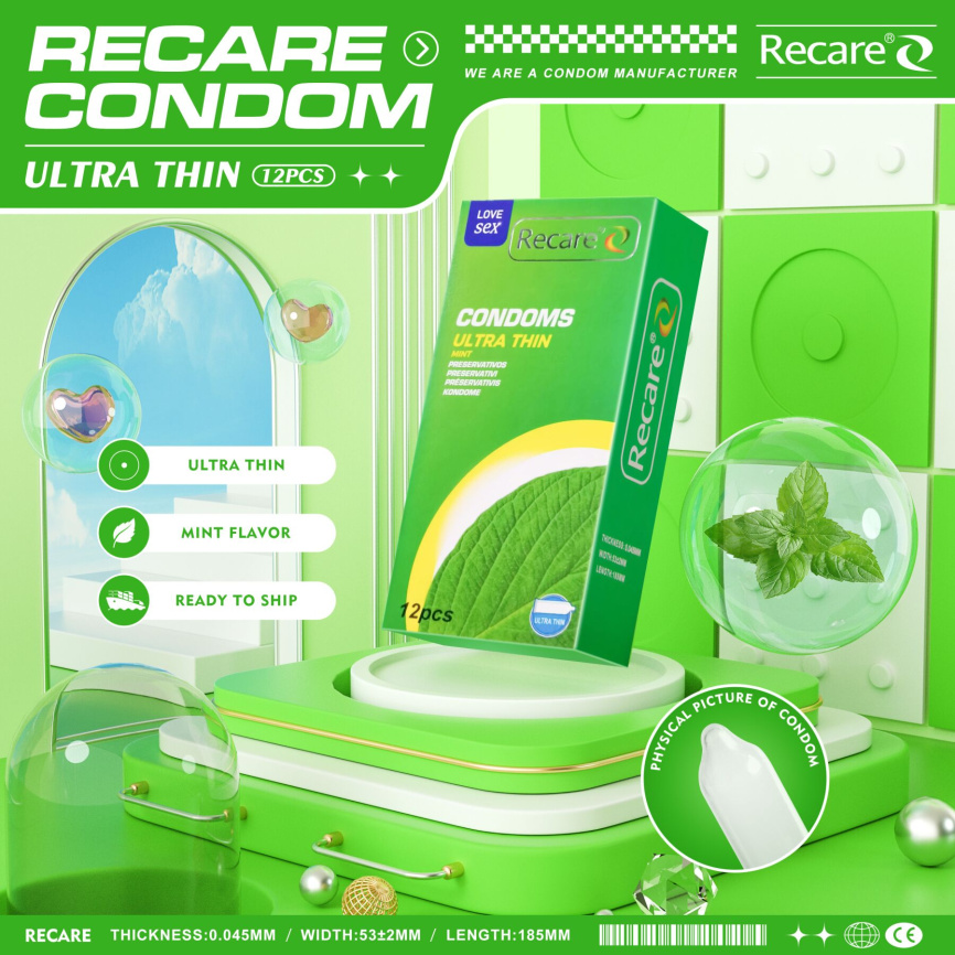 Презервативи Ultra Thin Mint Condoms Recare 12 шт, ультратонкі, аромат: м'ята фото 5