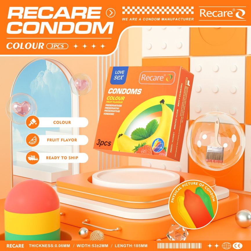 Презервативи Recare Color Fruit Flavour Condoms 3 шт, аромати: м'ята, банан, полуниця фото 5
