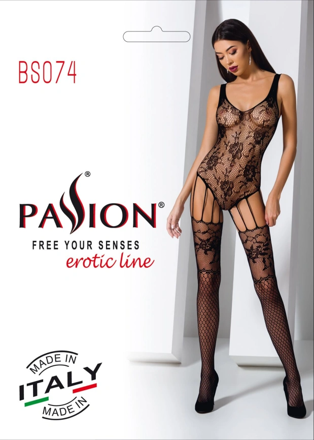Ажурный бодистокинг с имитацией чулок Passion BS074 black фото 8