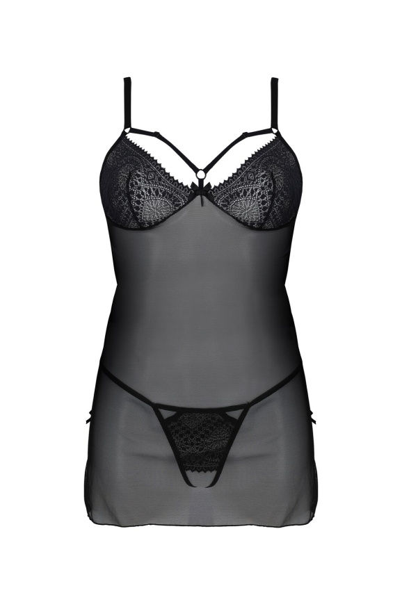 Пеньюар Passion DROSERA CHEMISE black, L/XL, мереживний ліф зі стрепами, трусики в комплекті фото 3
