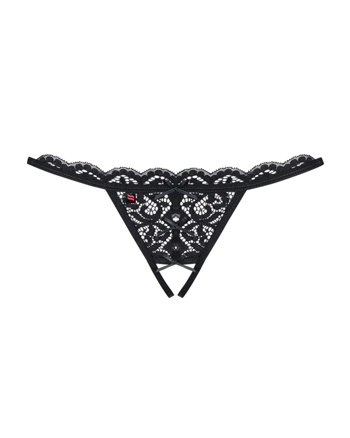 Кружевные танга с двумя отверстиями Obsessive 831-THC-1 crotchless thong S/M, черные, бантики фото 5