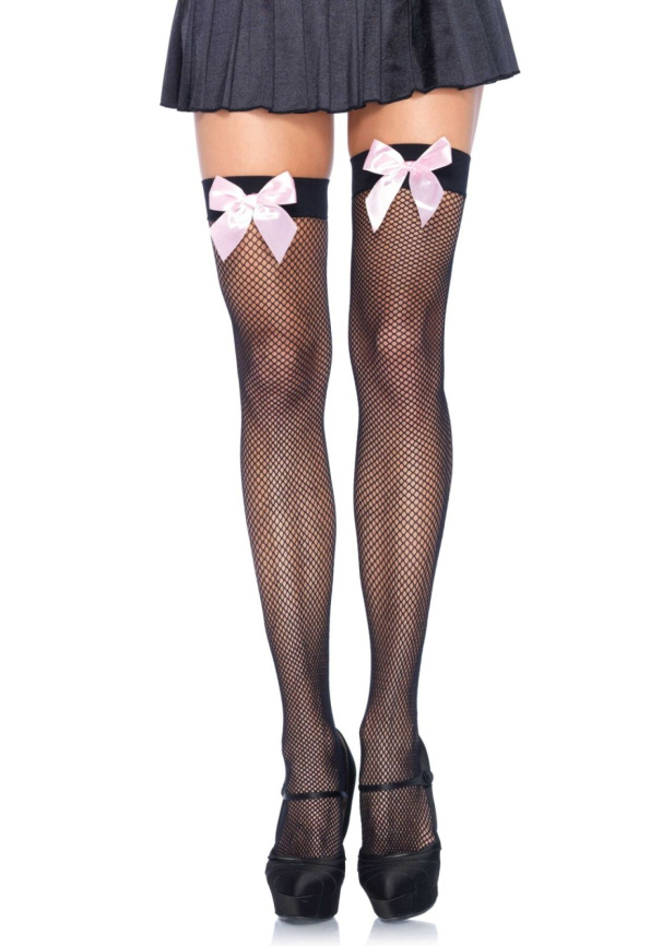 Панчохи-сітка з атласним бантиком Leg Avenue Fishnet Thigh Highs One size, Black With Bow Pink фото 1